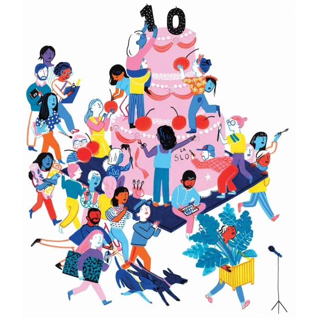 Illustrated group of people celebrating around a tiered cake with cherries, number 10 topper, set against a clean white background.