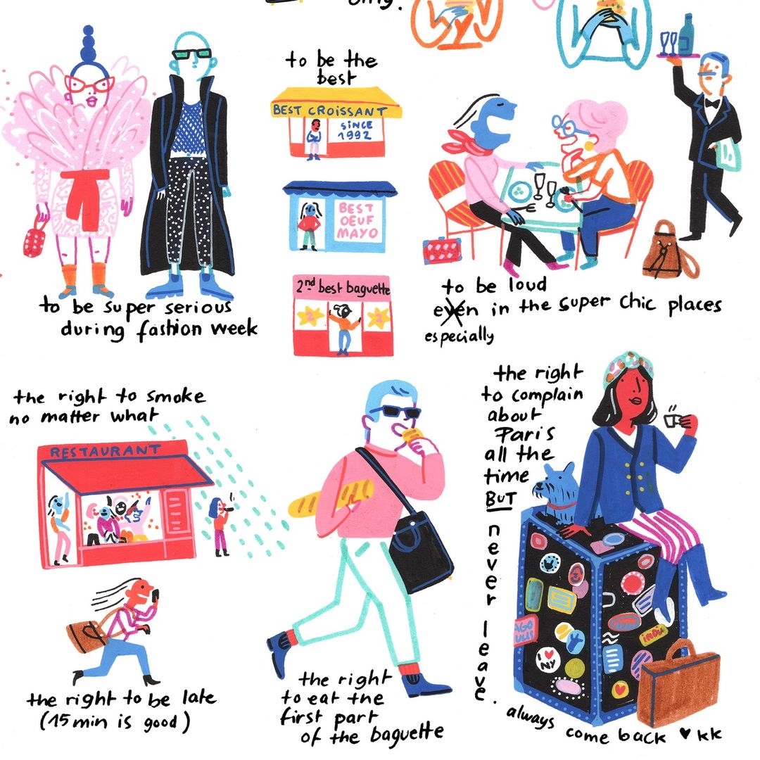 Colorful illustration of people in fashionable attire walking, eating baguettes, and dining in Paris, France; showcasing Parisian lifestyle.