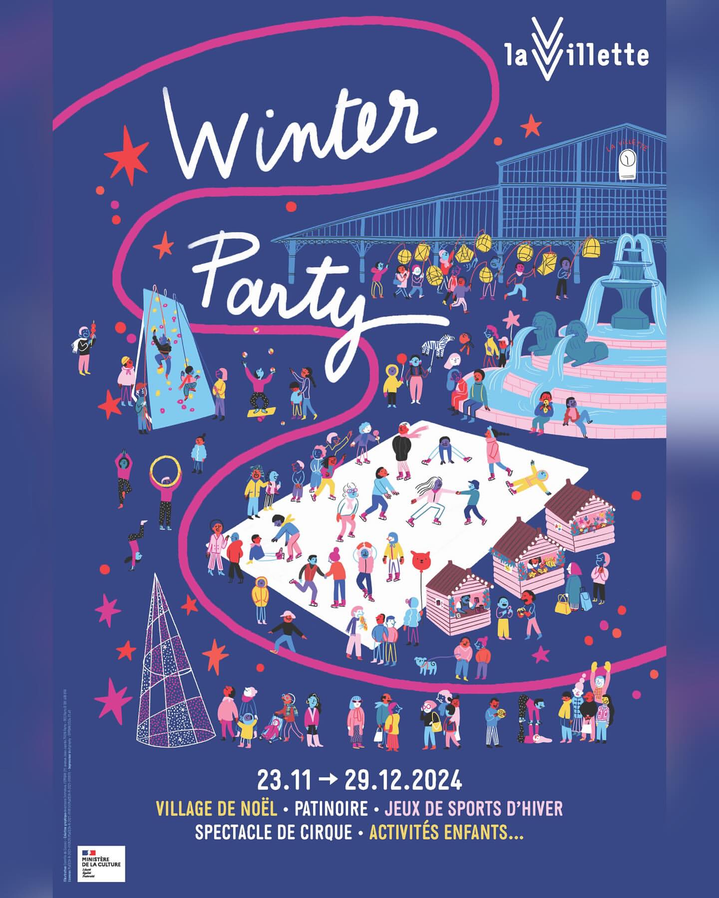 Illustration-style poster promoting a Winter Party at La Villette, featuring festive graphics of people, activities, and event details.