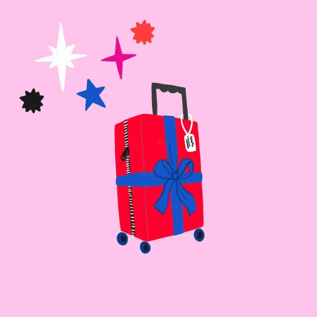 Illustration of a red suitcase with a blue bow, surrounded by colorful stars, against a light pink background, travel themed.