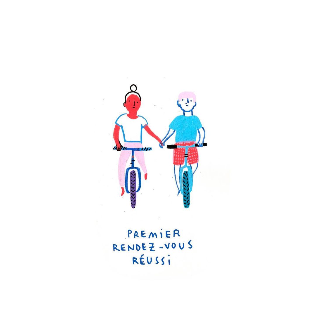 Illustration of two figures riding bicycles, holding hands against a white background with handwritten text at the bottom.