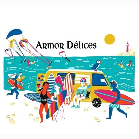 Illustration of a beach scene with people surfing, swimming, and lounging near a yellow van with surfboards, under a bright sun.
