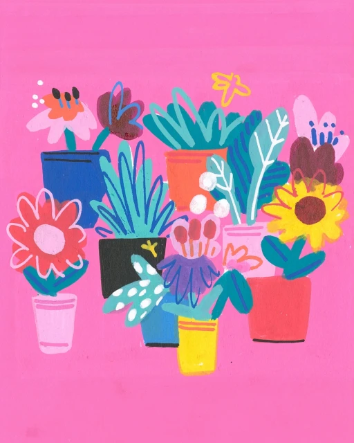 Colourful painting of flowers in pots, set against a vibrant pink backdrop. The artwork is bright, cheerful and visually engaging.