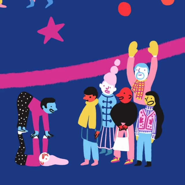Illustration of a group of stylized people in colorful clothing, with one person standing on another person's hands in an indoor setting.