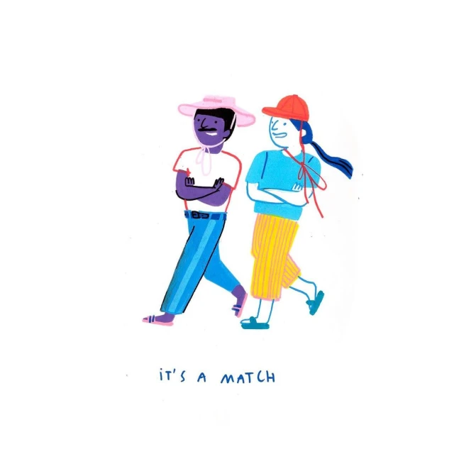 Illustration of a dark-skinned adult male in hat and blue-striped pants walking beside an adult female with yellow skirt.