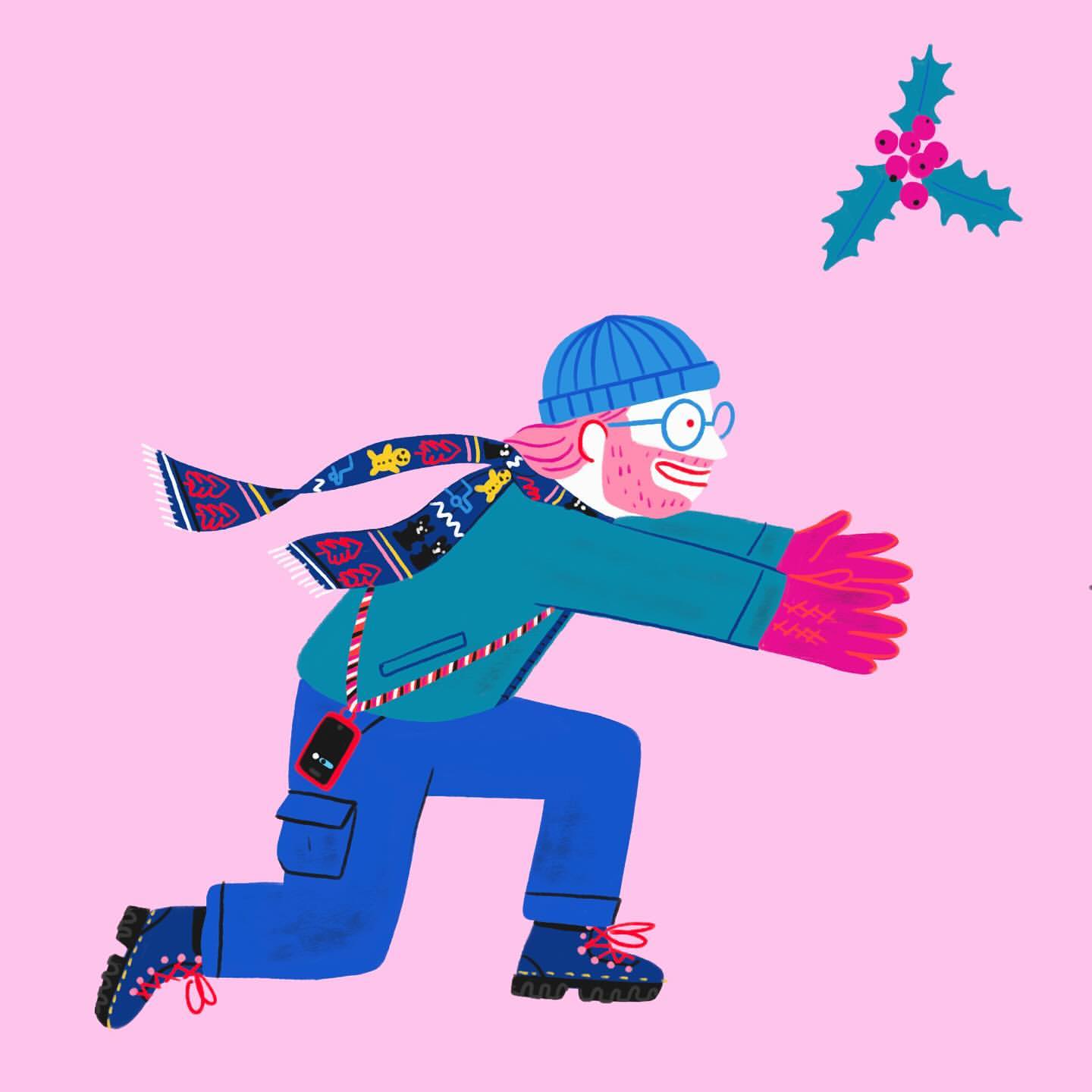 Illustration of a man with pink hair, glasses, and winter clothing reaching for a sprig of mistletoe on a pink background.