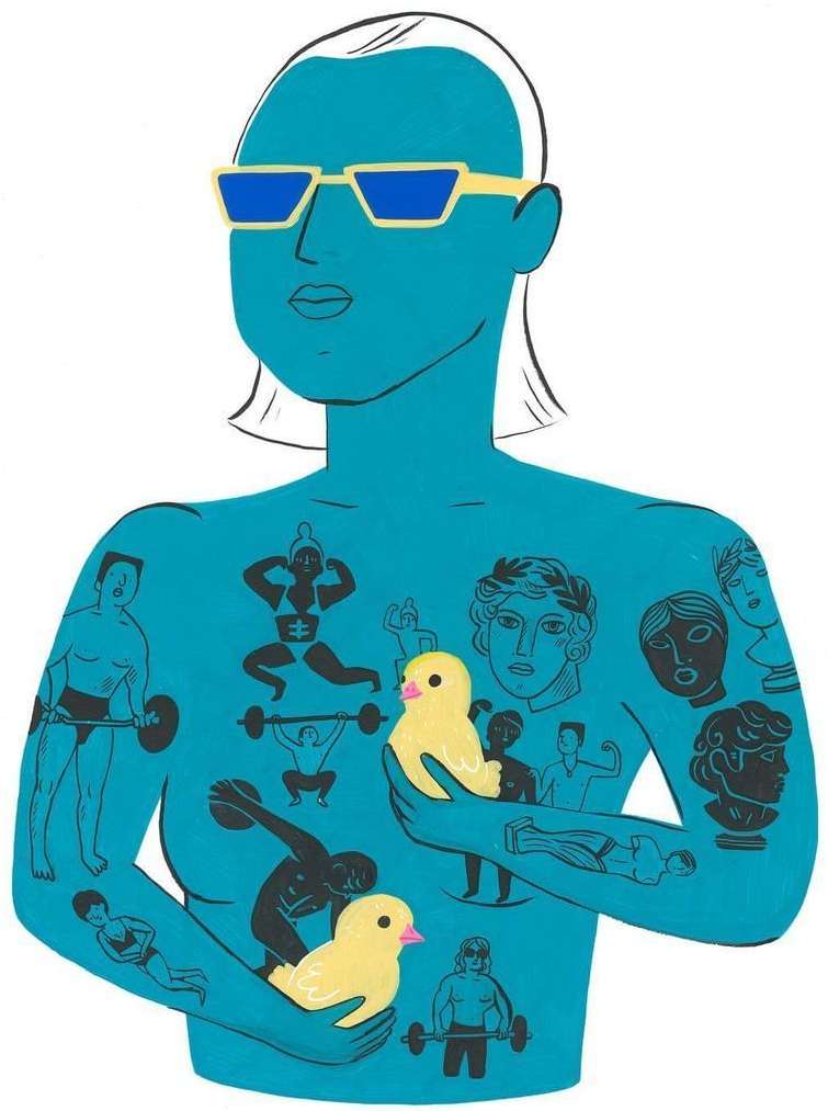 Illustration of a blue-skinned person with sunglasses, torso tattoos, and holding two yellow chicks on white, featuring art and body positivity.