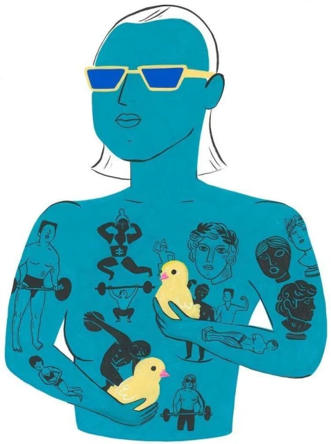 Illustration of a blue-skinned person with sunglasses, torso tattoos, and holding two yellow chicks on white, featuring art and body positivity.