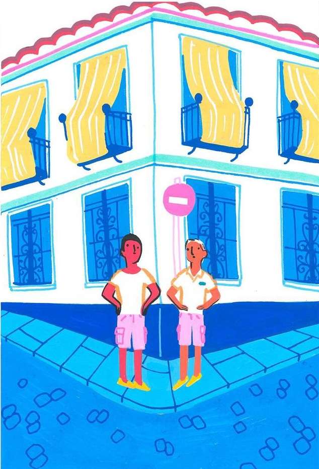Illustration of two men standing in front of a building with windows and balconies, depicted in a colorful and playful style.
