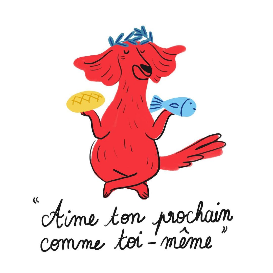 Illustration of a red dog balancing a loaf of bread and a fish, wearing a blue laurel wreath, with a French text on a white background.