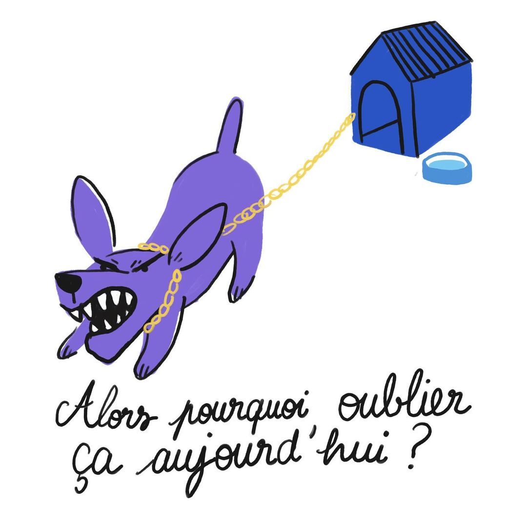 Illustration of a purple dog wearing a gold chain leash attached to a blue doghouse with a blue dog bowl on a white background.