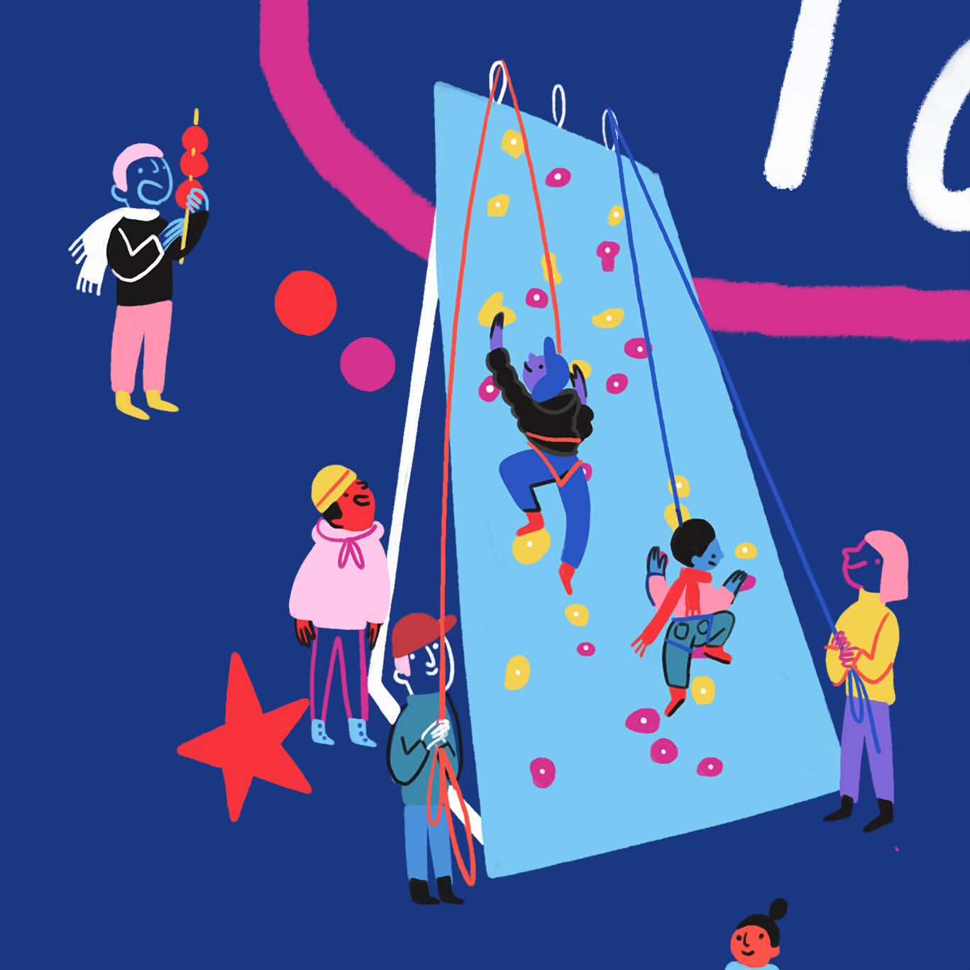 Illustration of a rock climbing event with children climbing, ropes, and others watching, set against a dark blue background.