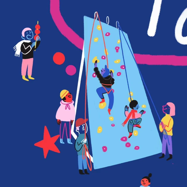 Illustration of a rock climbing event with children climbing, ropes, and others watching, set against a dark blue background.