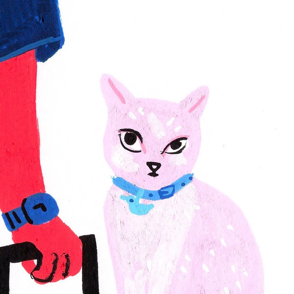 Illustration of a pink cat with a blue collar sitting next to an arm wearing a blue watch and holding a black rectangular object.