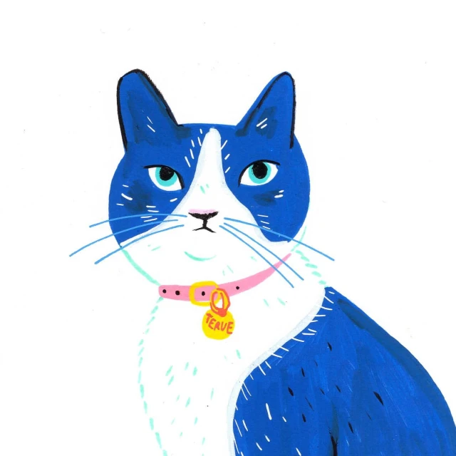 Illustration of a blue and white cat with bright blue eyes and a pink collar with a yellow tag on a white background.