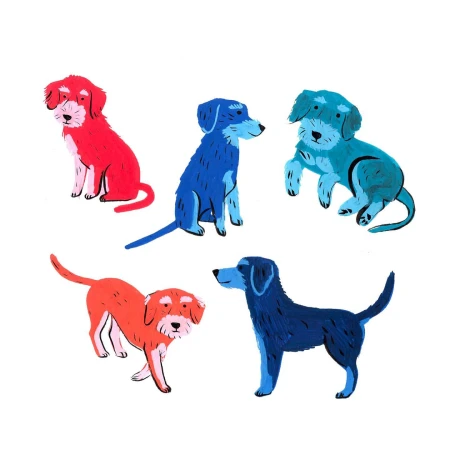 Illustration of five colorful stylized dogs in red, blue, and teal against a plain white background by Camille De Cussac.