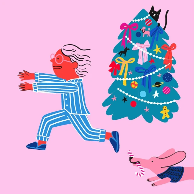 Illustration of a running adult wearing pajamas, a Christmas tree decorated with ornaments, a cat, and a dog, all on a pink background.