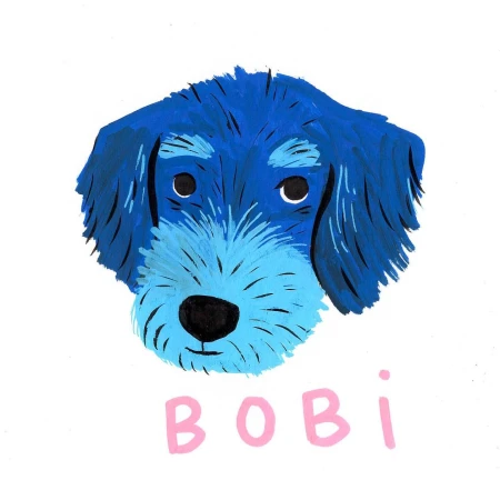 Illustration of a blue and white dog's head against a white backdrop, with 'BOBi' written in pink below the dog.