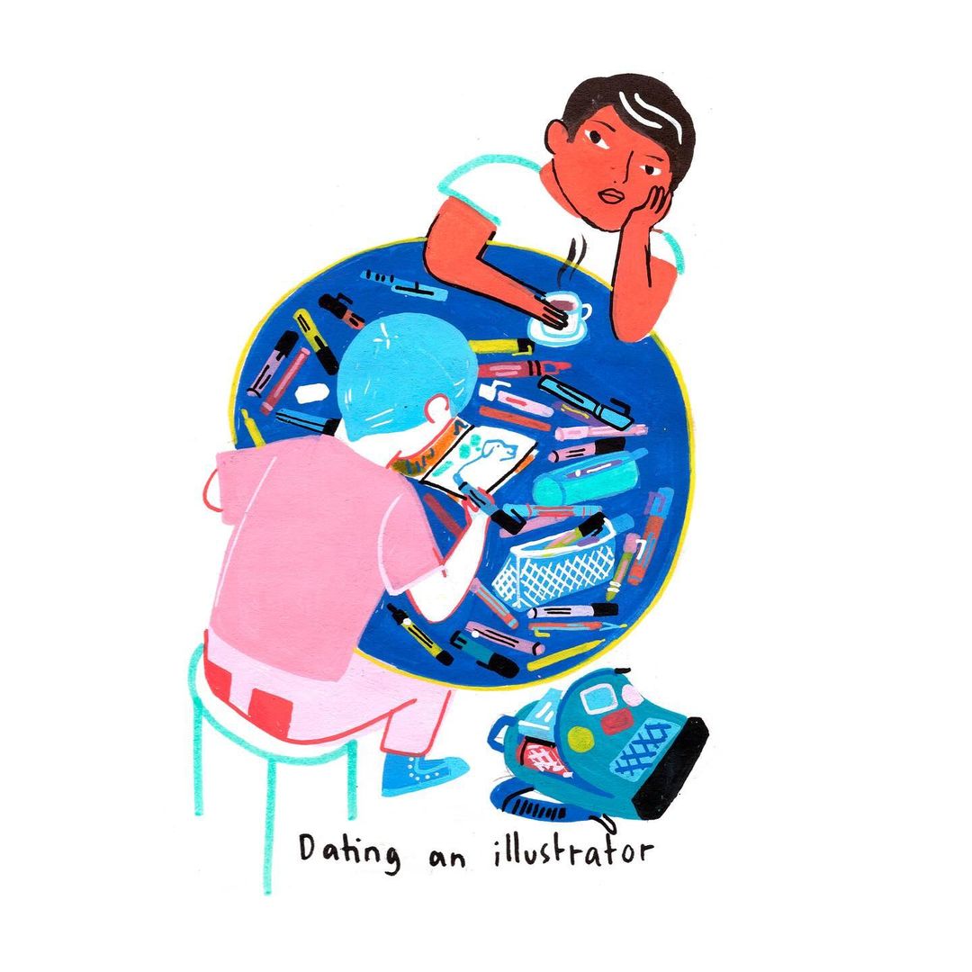 Illustration of two adults at a blue round table with drawing supplies, one sketching, the other holding a mug.