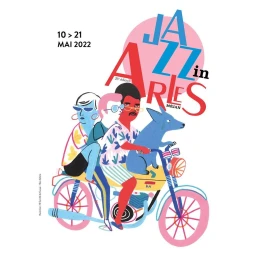 Colorful illustration of three people and a dog riding a motorcycle by Camille De Cussac