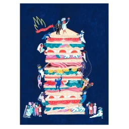 Colorful illustration of people climbing and gathering around a giant layered sandwich on a dark blue background.