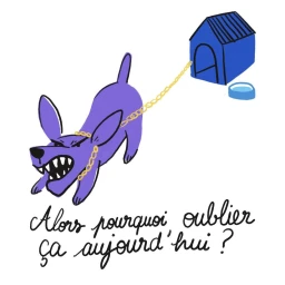 Illustration of an angry purple dog chained to a blue doghouse with text underneath