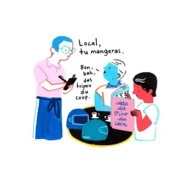 Illustration by Camille De Cussac showing a waiter taking an order from seated customers next to motorcycle helmets on a table