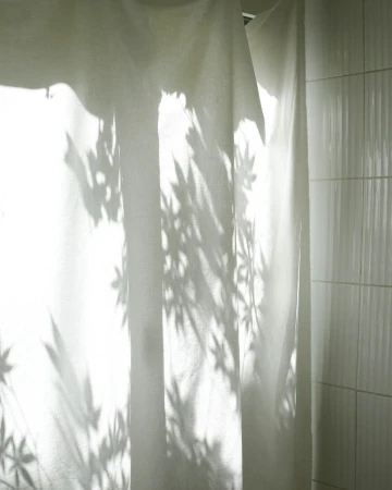 Leaf shadow patterns cast on a white fabric curtain and tiled bathroom wall in bright daylight