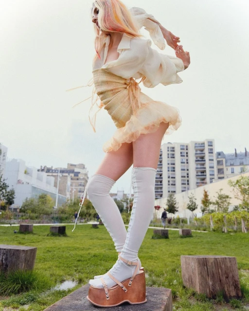 A fair-skinned fashion model with rainbow hair in cream and beige outfit and platform shoes poses in a park, city buildings in background.