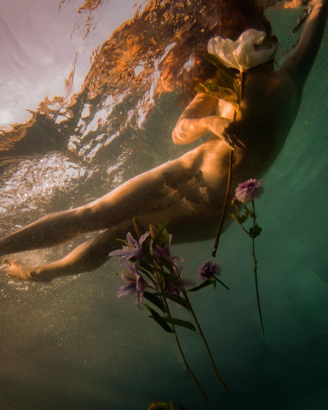 Underwater photo featuring a nude adult female floating among various purple and white flowers in a serene and ethereal setting.