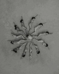 Overhead aerial view of multiple figures arranged in a circular radial pattern on a sandy beach by Camille Robiou Du Pont.