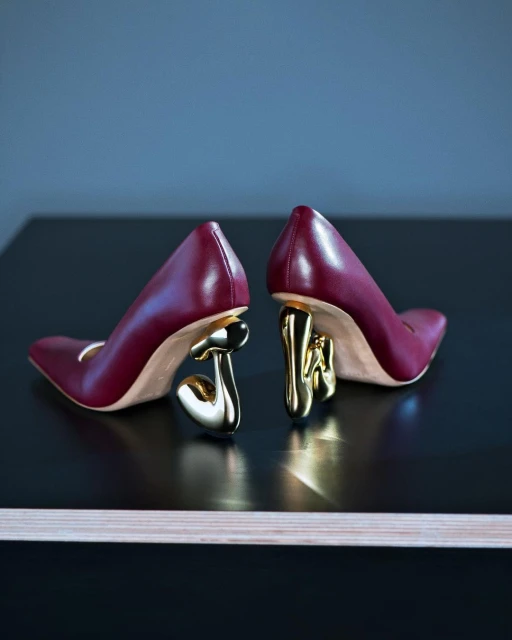 Luxury burgundy leather pumps with sculpted gold heels, presented on a black surface against a dark blue wall, a stylish display.