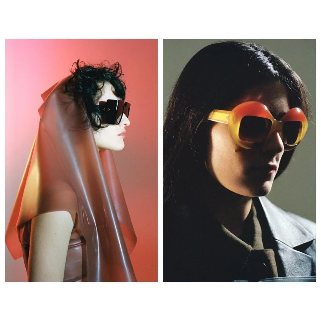 Two women wearing vintage sunglasses. A side-by-side fashion composite showcases retro eyewear and unique styling in a studio setting.