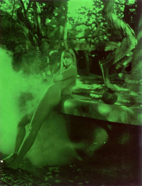 Nude woman with long blonde hair rests on a stone structure in a forest setting, highlighted by green light and soft shadows.