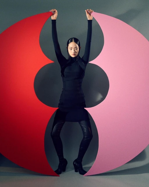 Fashion photo of an Asian woman in a black dress posing between pink and red shapes in a studio with a grey background.