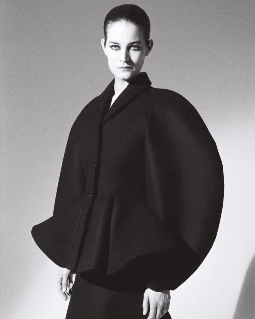 Woman in dramatic black peplum jacket poses against a neutral backdrop in a fashion editorial style studio portrait.