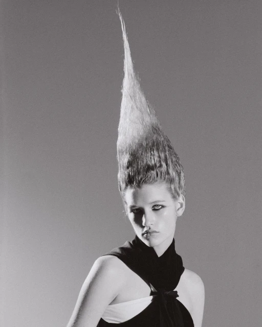 Black and white portrait of a young woman with avant-garde, vertically styled hair and black dress, set against a grey backdrop.