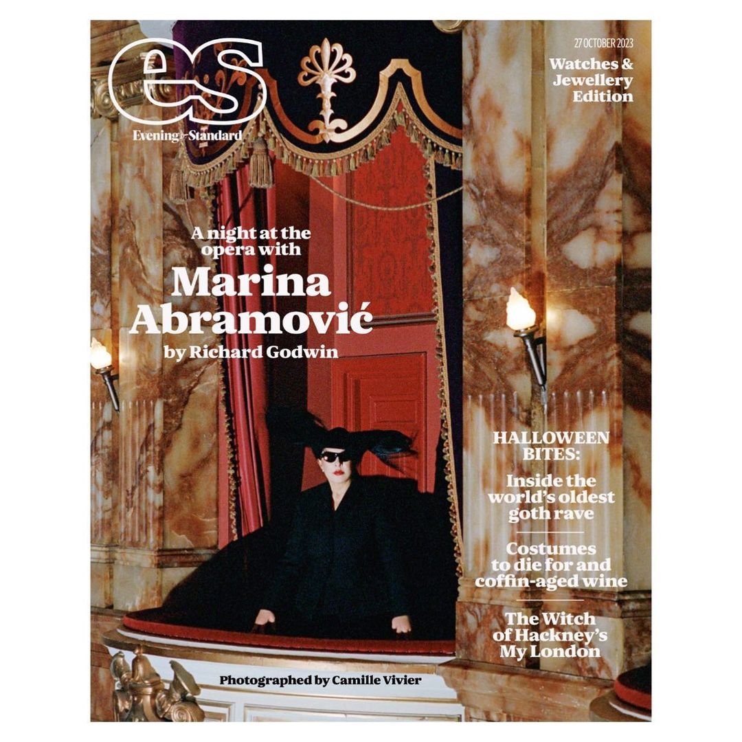Evening Standard magazine cover featuring Marina Abramović in dramatic black attire against an opera house backdrop with marble columns.