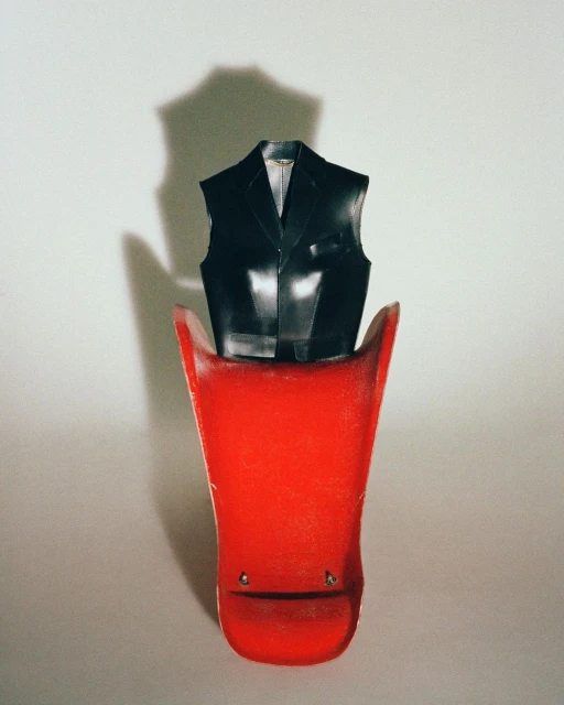Fashion still life featuring a black vest perched atop a vibrant red, stylized chair, set against a plain, bright background.