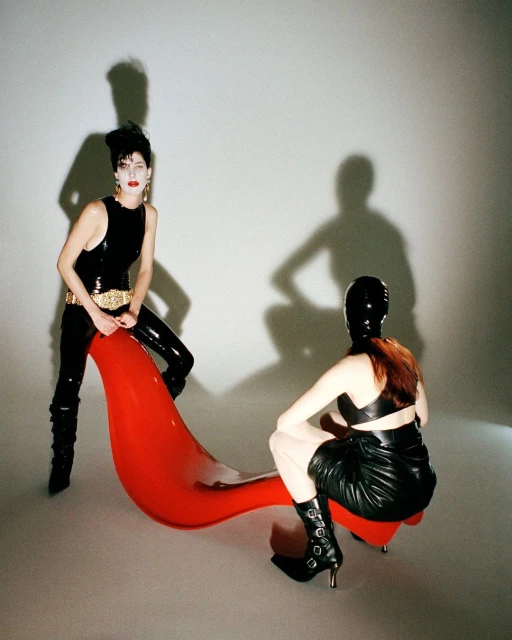 Two fashion models in latex outfits pose in a photo studio setting. One sits on a red chair, and the other is seated on the ground.