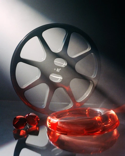 Film reel and red glass objects on a reflective surface are illuminated with a light beam in a studio setting against a dark backdrop.
