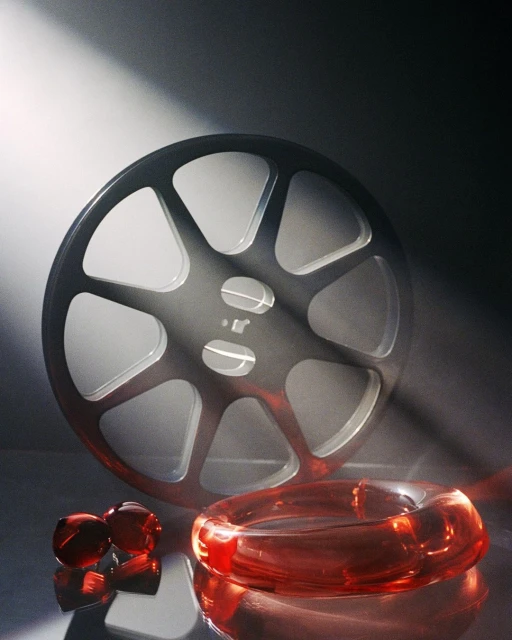 Still life of a film reel, a red bangle bracelet, and spherical objects displayed in a studio environment with a shiny reflective surface.