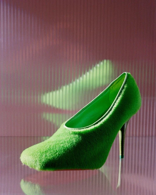 A lime-green, fur-covered, square-toed pump with stiletto heel stands against a glossy pink surface with a vertically ribbed backdrop.