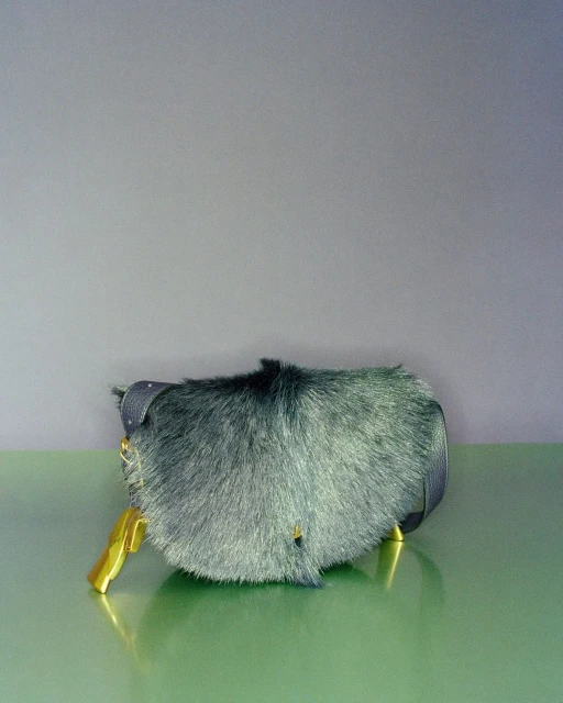 A whimsical blue faux fur clutch handbag with gold accents sits on a green surface against a two-tone blue-grey background.
