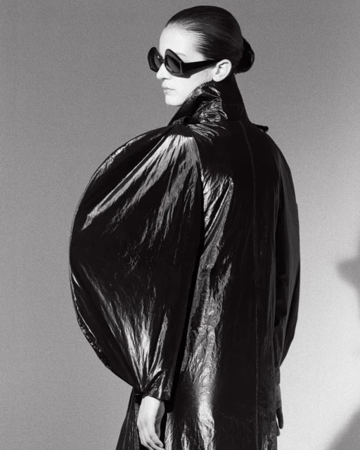 Black and white portrait of a woman wearing sunglasses and a shiny, puffy coat. Fashion shot in a photo studio with cool tone.