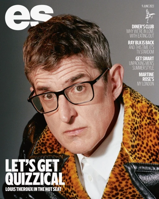 Magazine cover featuring Louis Theroux in a leopard print jacket and glasses, looking at the camera against a grey background.
