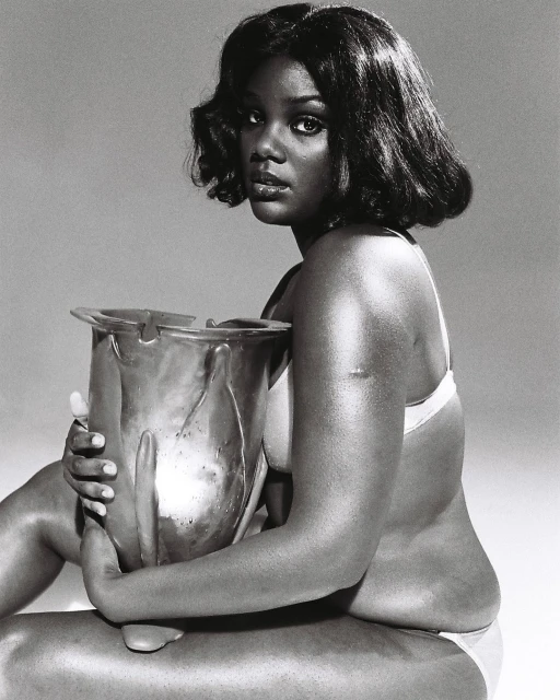 Black and white portrait of a young Black woman with shoulder-length hair sitting and holding a decorative metal vase in a photo studio.