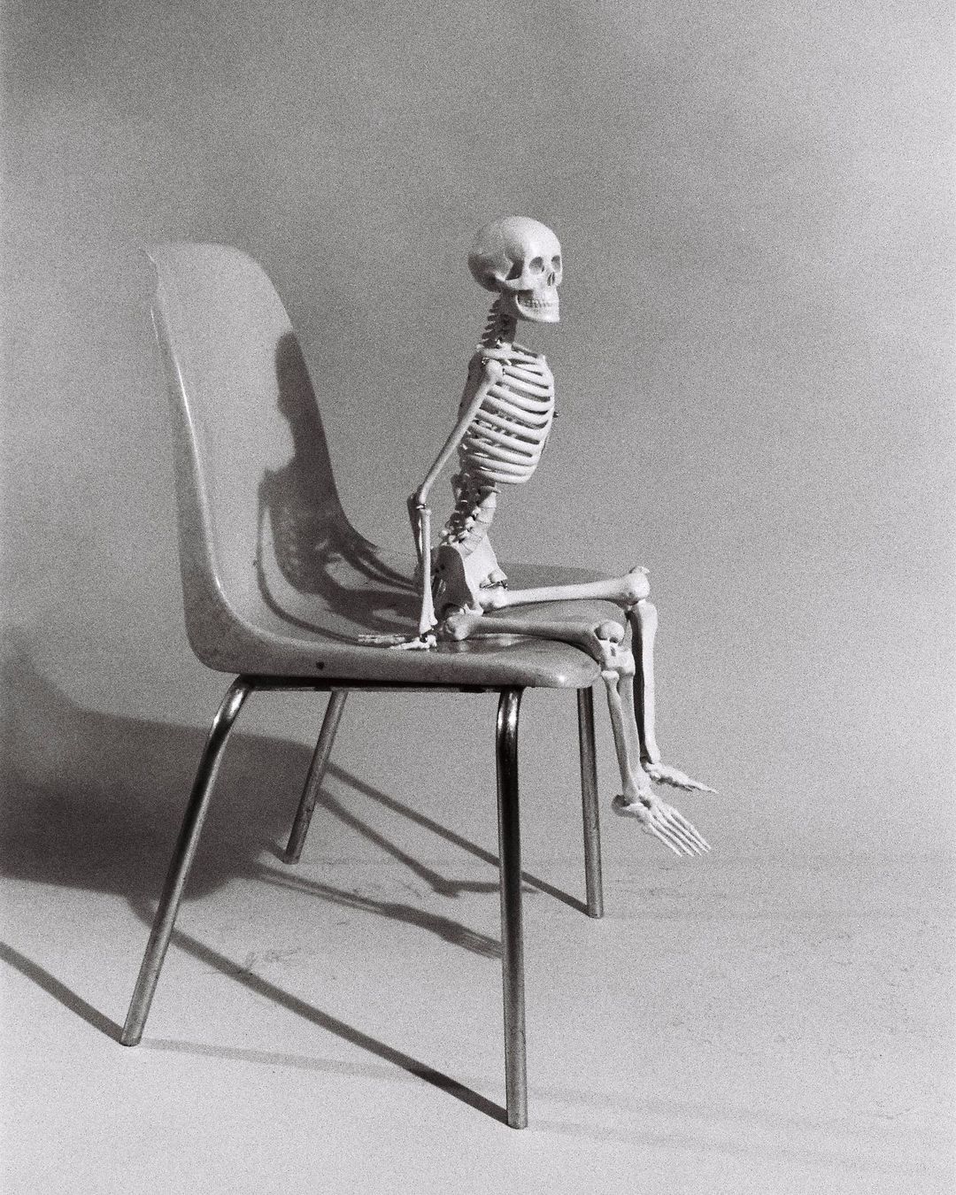 Monochrome photo of a human skeleton seated on a light-colored chair with metal legs, casting a shadow against a plain backdrop.