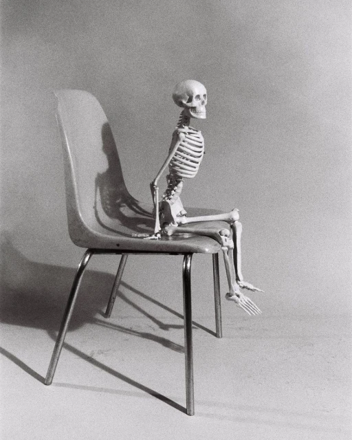 Monochrome photo of a human skeleton seated on a light-colored chair with metal legs, casting a shadow against a plain backdrop.