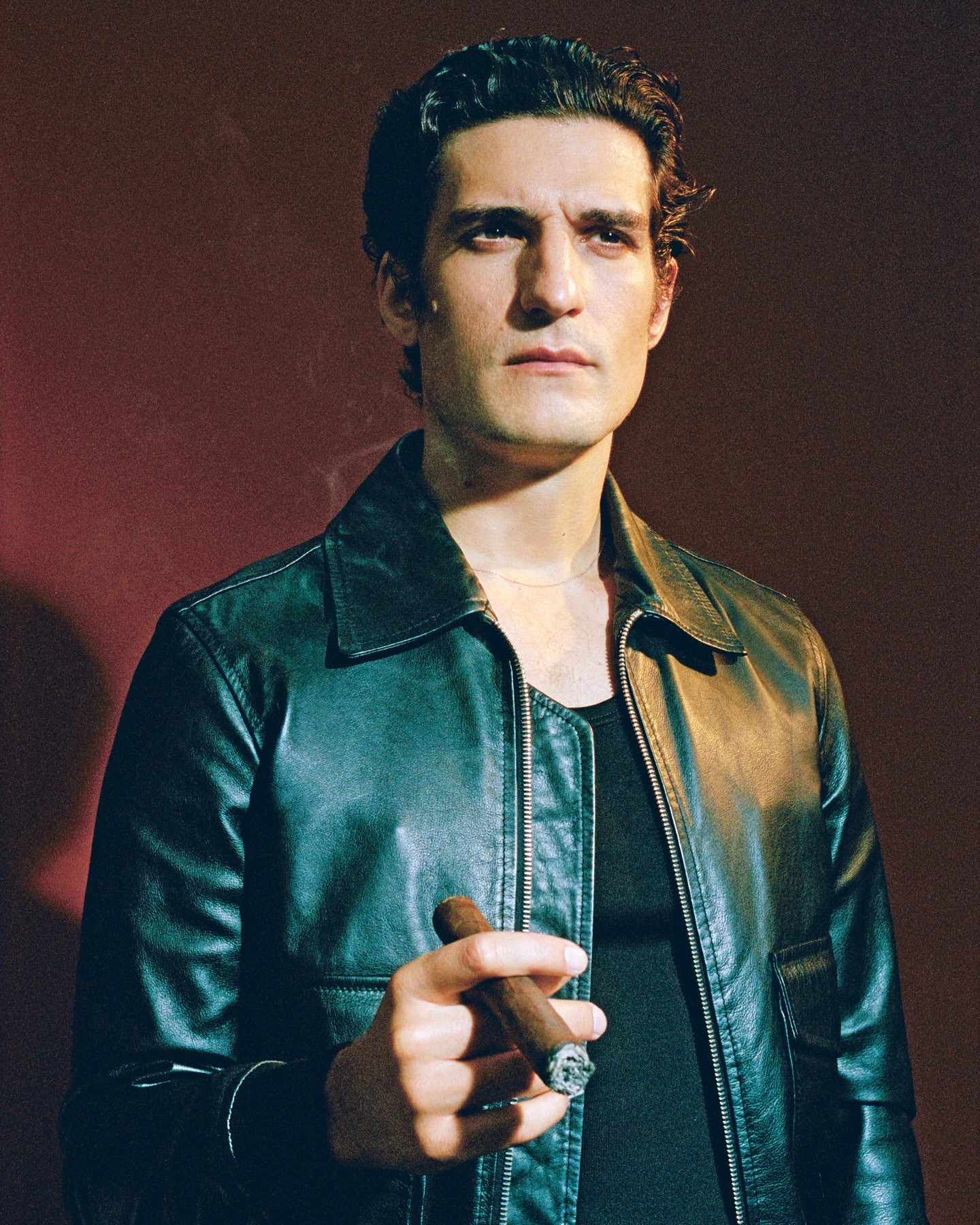 Portrait of a man in a leather jacket holding a cigar. He is looking off-camera with a serious expression against a solid background.
